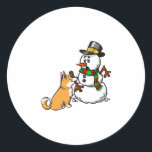 Corgi Snowman Christmas Ronde Sticker<br><div class="desc">This Corgi Snowman Christmas design makes a great gift for a Corgi owner. It features a Pembroke Welsh Corgi dog illustraties.</div>