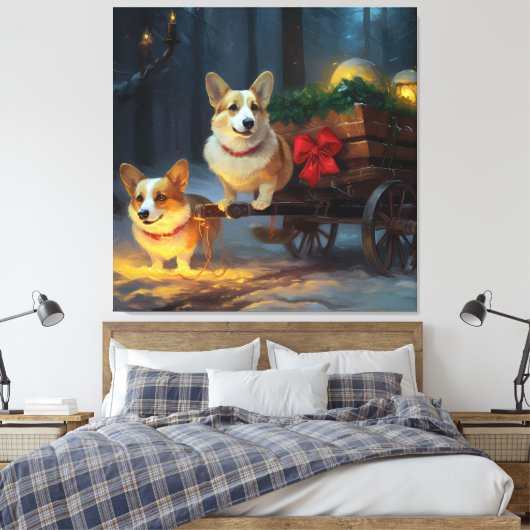 Corgi Snowy Sleigh Kerst Decor Canvas Afdruk (Insitu (Slaapkamer))