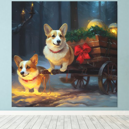Corgi Snowy Sleigh Kerst Decor Canvas Afdruk (Insitu (Houten vloer))