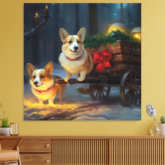 Corgi Snowy Sleigh Kerst Decor Canvas Afdruk (Insitu (Woonkamer))