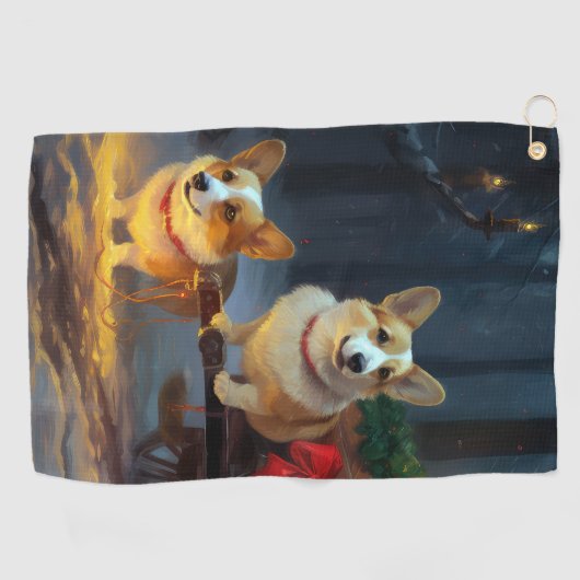 Corgi Snowy Sleigh Kerst Decor Golfhanddoek (Horizontaal)