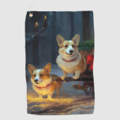 Corgi Snowy Sleigh Kerst Decor Golfhanddoek (Voorkant)