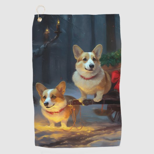 Corgi Snowy Sleigh Kerst Decor Golfhanddoek (Voorkant)