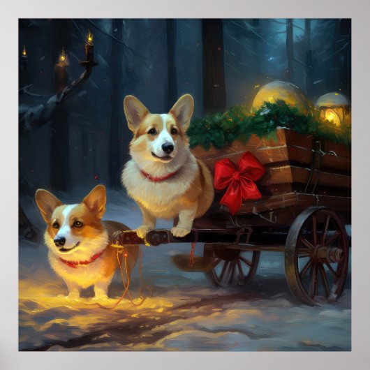 Corgi Snowy Sleigh Kerst Decor Poster (Voorkant)