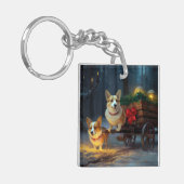 Corgi Snowy Sleigh Kerst Decor Sleutelhanger (Voorkant Links)