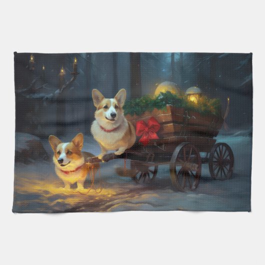 Corgi Snowy Sleigh Kerst Decor Theedoek (Horizontaal)