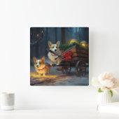 Corgi Snowy Sleigh Kerst Decor Vierkante Klok (Huis)