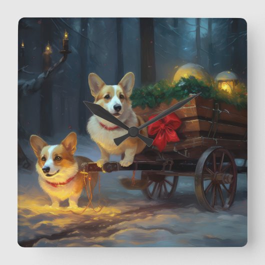 Corgi Snowy Sleigh Kerst Decor Vierkante Klok (Voorkant)