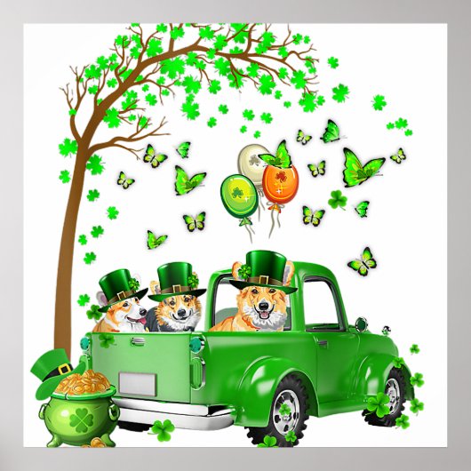 Corgi St Patricks Day Green Truck onder de boom Poster (Voorkant)