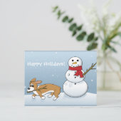 Corgi Steals Snowman's arm Feestdagenkaart (Staand voorkant)