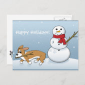 Corgi Steals Snowman's arm Feestdagenkaart (Voorkant / Achterkant)