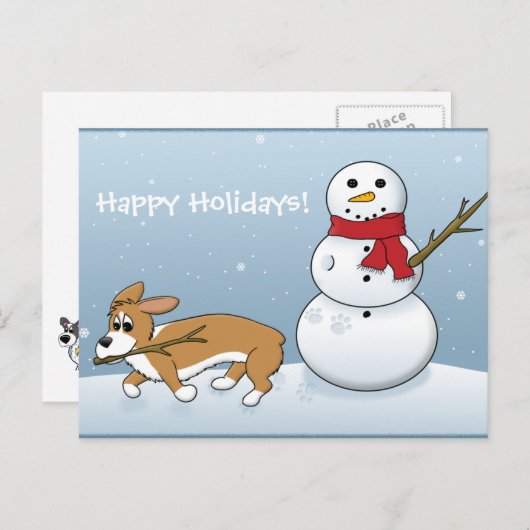 Corgi Steals Snowman's arm Feestdagenkaart (Voorkant / Achterkant)