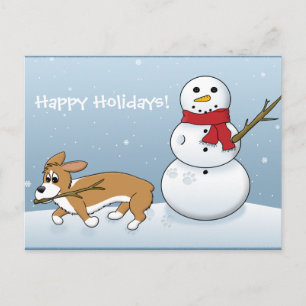 Corgi Steals Snowman's arm Feestdagenkaart