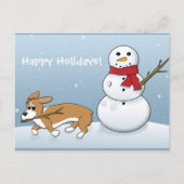 Corgi Steals Snowman's arm Feestdagenkaart (Voorkant)