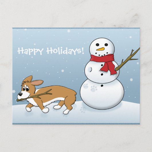 Corgi Steals Snowman's arm Feestdagenkaart (Voorkant)