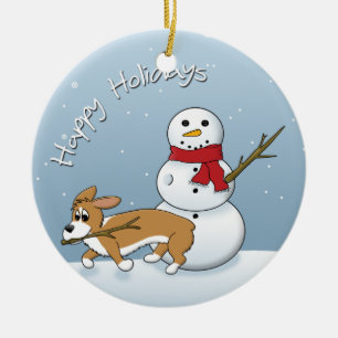 Corgi Steals Snowman's Arm Kerstversiering Keramisch Ornament