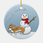 Corgi Steals Snowman's Arm Kerstversiering Keramisch Ornament (Achterkant)