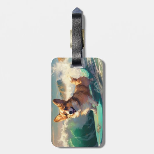 Corgi strand surfen schilderij bagagelabel (Achterkant verticaal)