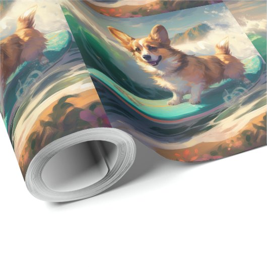 Corgi strand surfen schilderij cadeaupapier (Rol Hoek)