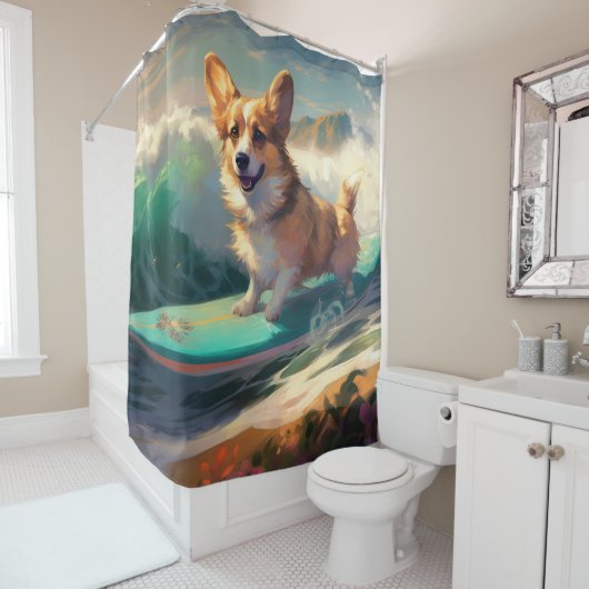 Corgi strand surfen schilderij douchegordijn (In situ)
