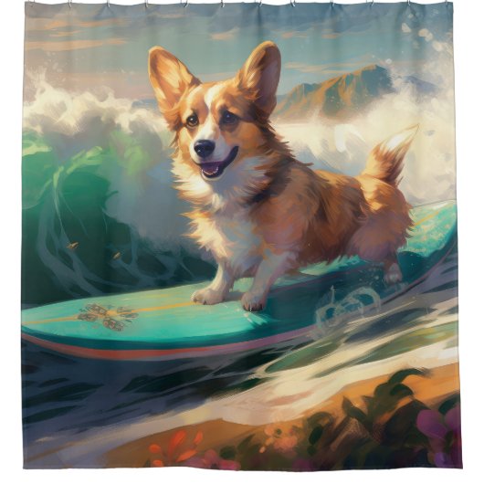 Corgi strand surfen schilderij douchegordijn (Voorkant)