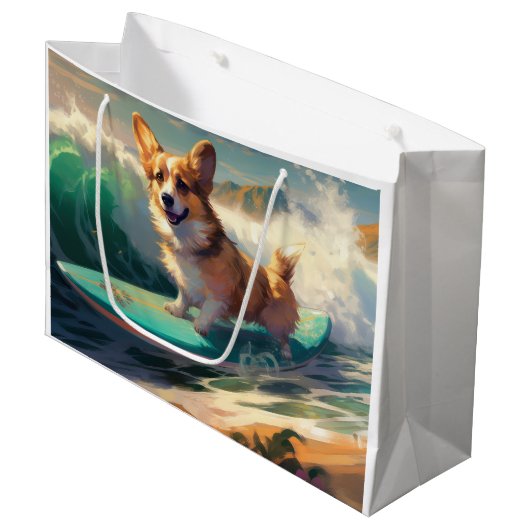 Corgi strand surfen schilderij groot cadeauzakje (Voorkant Gekanteld)