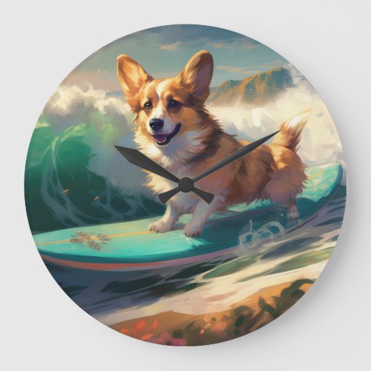 Corgi strand surfen schilderij grote klok (Voorkant)
