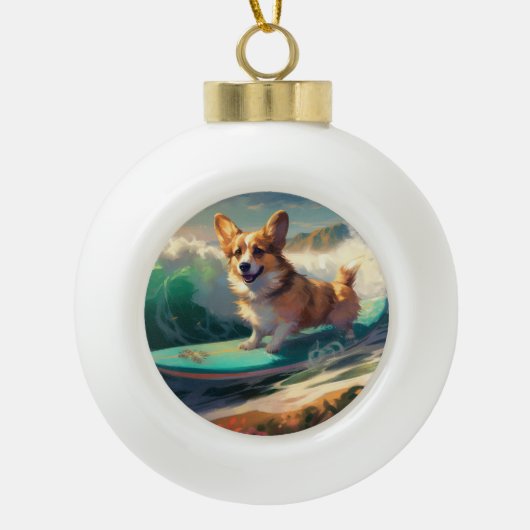 Corgi strand surfen schilderij keramische bal ornament (Voorkant)