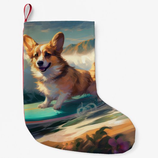 Corgi strand surfen schilderij kleine kerstsok (Voorkant)