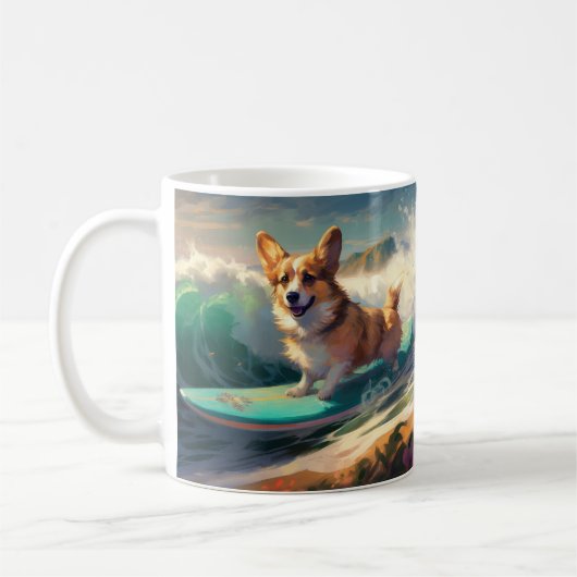 Corgi strand surfen schilderij koffiemok (Links)