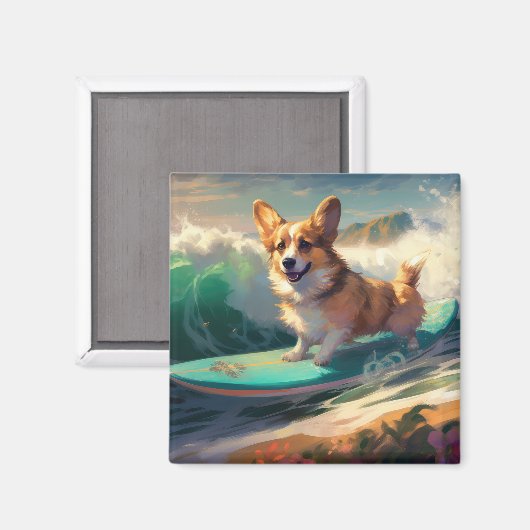 Corgi strand surfen schilderij magneet (Voorkant / Achterkant)
