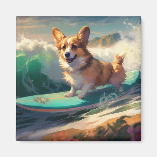 Corgi strand surfen schilderij magneet (Voorkant)