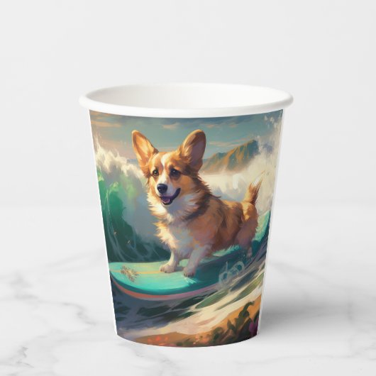 Corgi strand surfen schilderij papieren bekers (Voorkant)