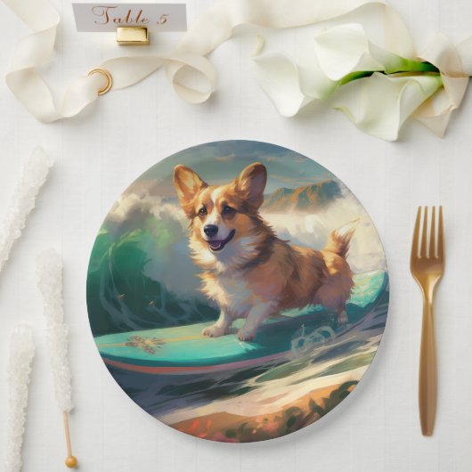 Corgi strand surfen schilderij papieren bordje (Huwelijk)