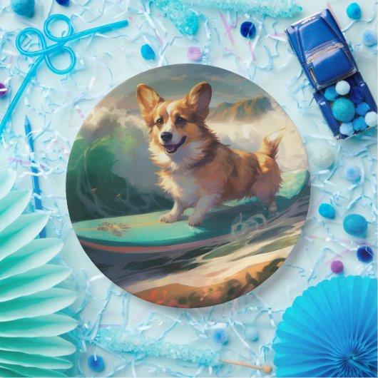 Corgi strand surfen schilderij papieren bordje (Feest)