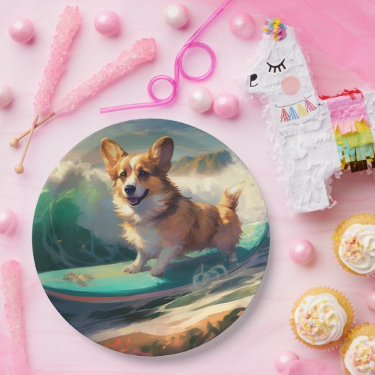 Corgi strand surfen schilderij papieren bordje (Feest)