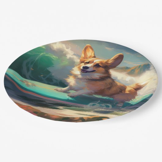 Corgi strand surfen schilderij papieren bordje (Gekanteld)