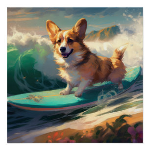 Corgi strand surfen schilderij perfect poster