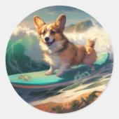 Corgi strand surfen schilderij ronde sticker (Voorkant)