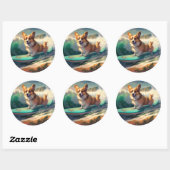 Corgi strand surfen schilderij ronde sticker (Vel)