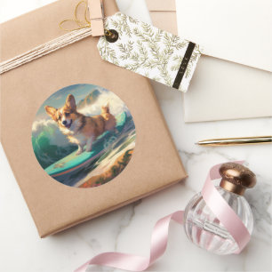 Corgi strand surfen schilderij ronde sticker