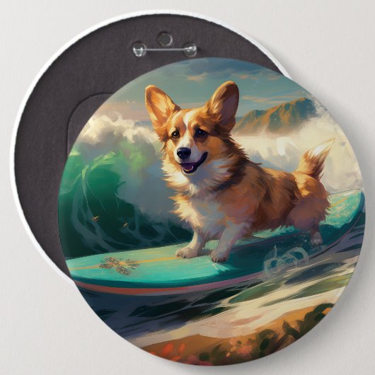 Corgi Strand Surfing Schilderij Ronde Button 6,0 Cm (Voorkant /achterkant)