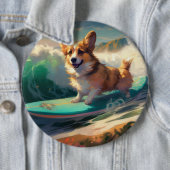 Corgi Strand Surfing Schilderij Ronde Button 6,0 Cm (In situ)