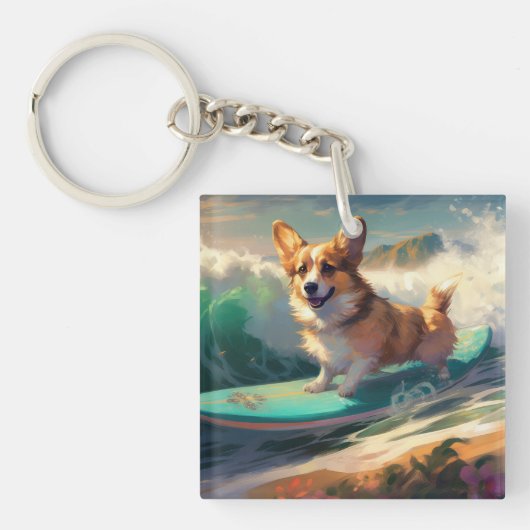 Corgi Strand Surfing Schilderij Sleutelhanger (Voorkant)