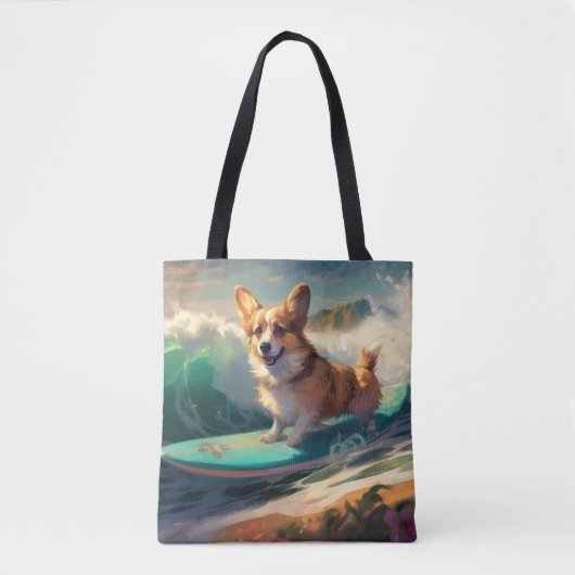 Corgi Strand Surfing Schilderij Tote Bag (Voorkant)