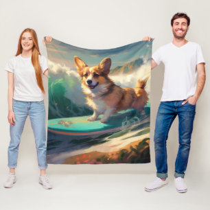Corgi  Strandsurfen Schilderij Fleece Deken