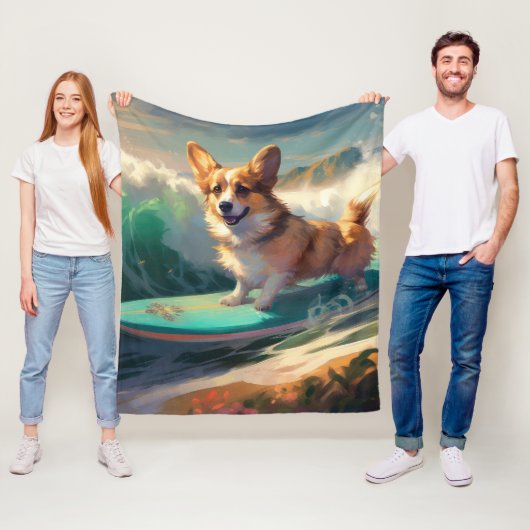 Corgi Strandsurfen Schilderij Fleece Deken (In situ)