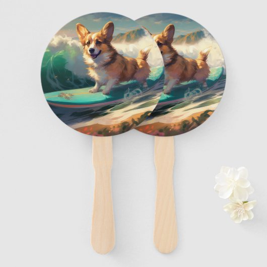 Corgi Strandsurfen Schilderij Handwaaier (Voorkant en achterkant)