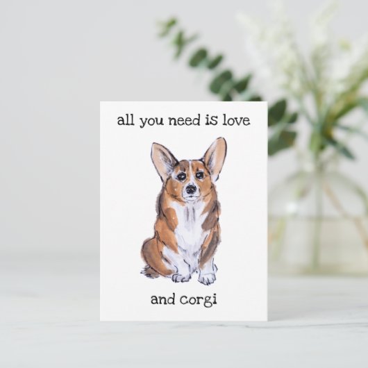 Corgi sumie waterverf schilderij briefkaart (Staand voorkant)