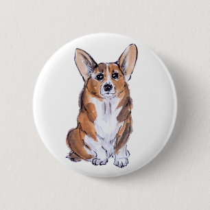 Corgi sumie waterverf schilderij ronde button 5,7 cm